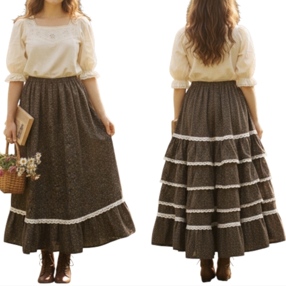 Vintage Brown Floral A-Line Maxi Skirt with Lace Trim